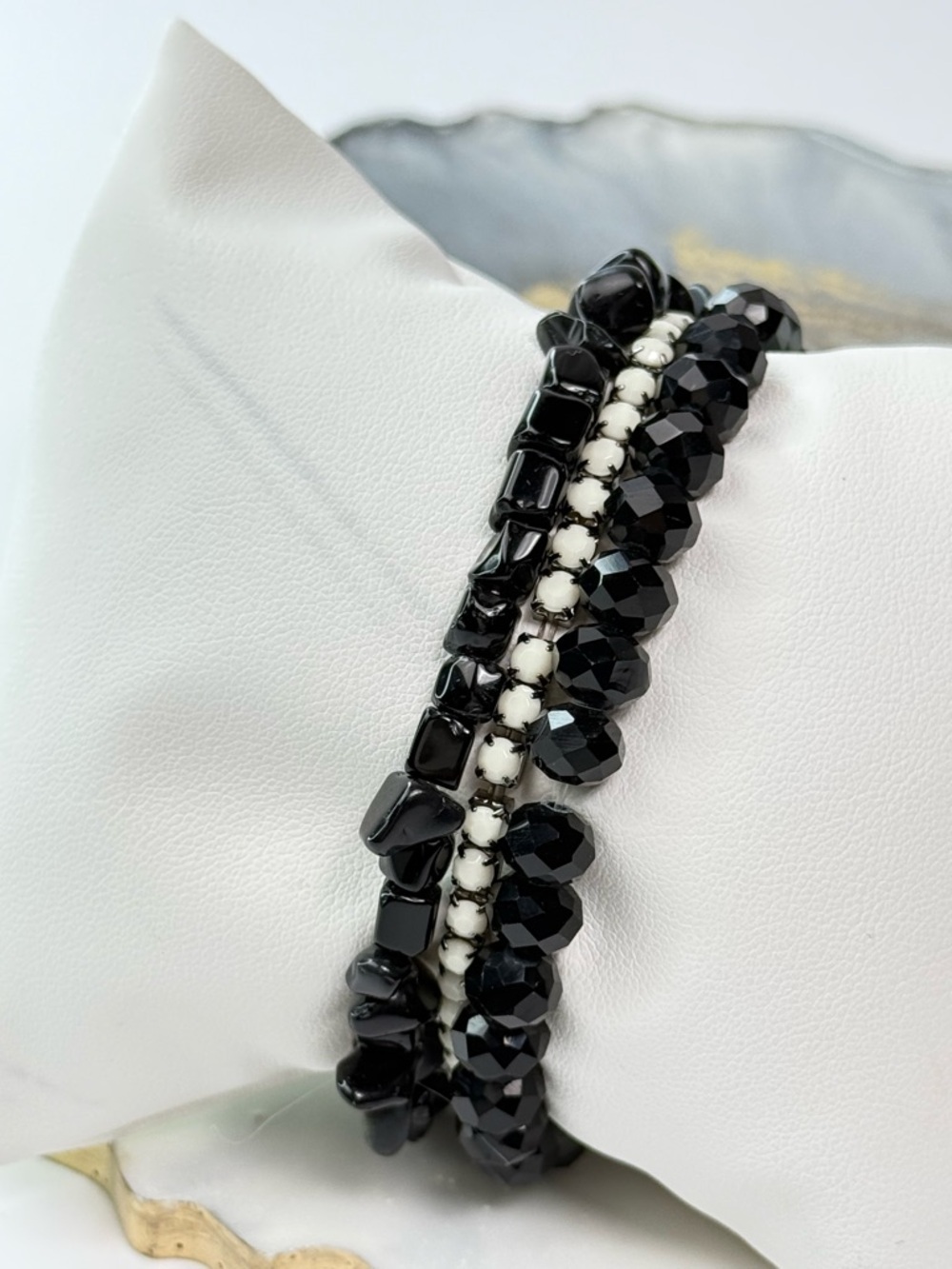 3PC Black & White Bracelet Stack | Faceted Crystal & Stone Beaded Set Boutique